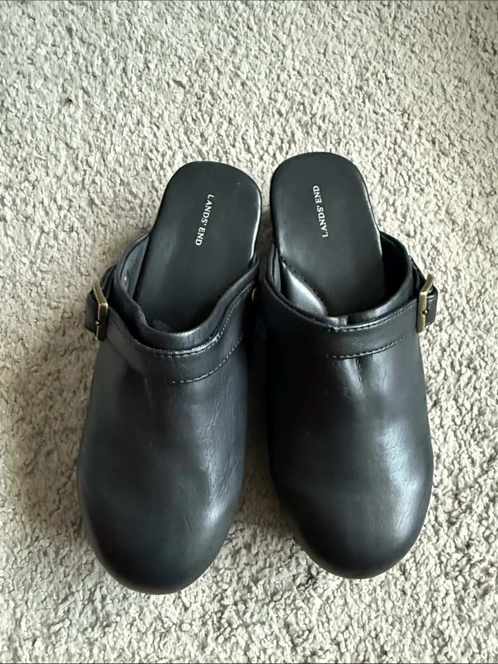 Gently worn Girls Lands' End Black Leather Slip-On Mule Clogs with Buckle
